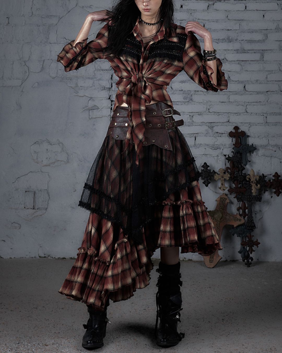 3/4 Sleeve Front Tie Check Shirt　TP043