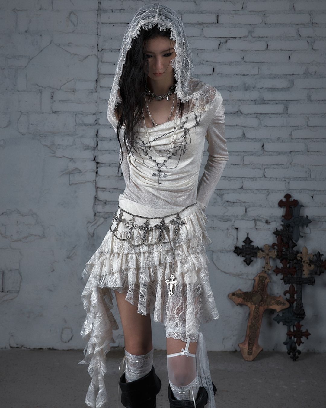 Necklace Print Lace Hooded Dress　DR037