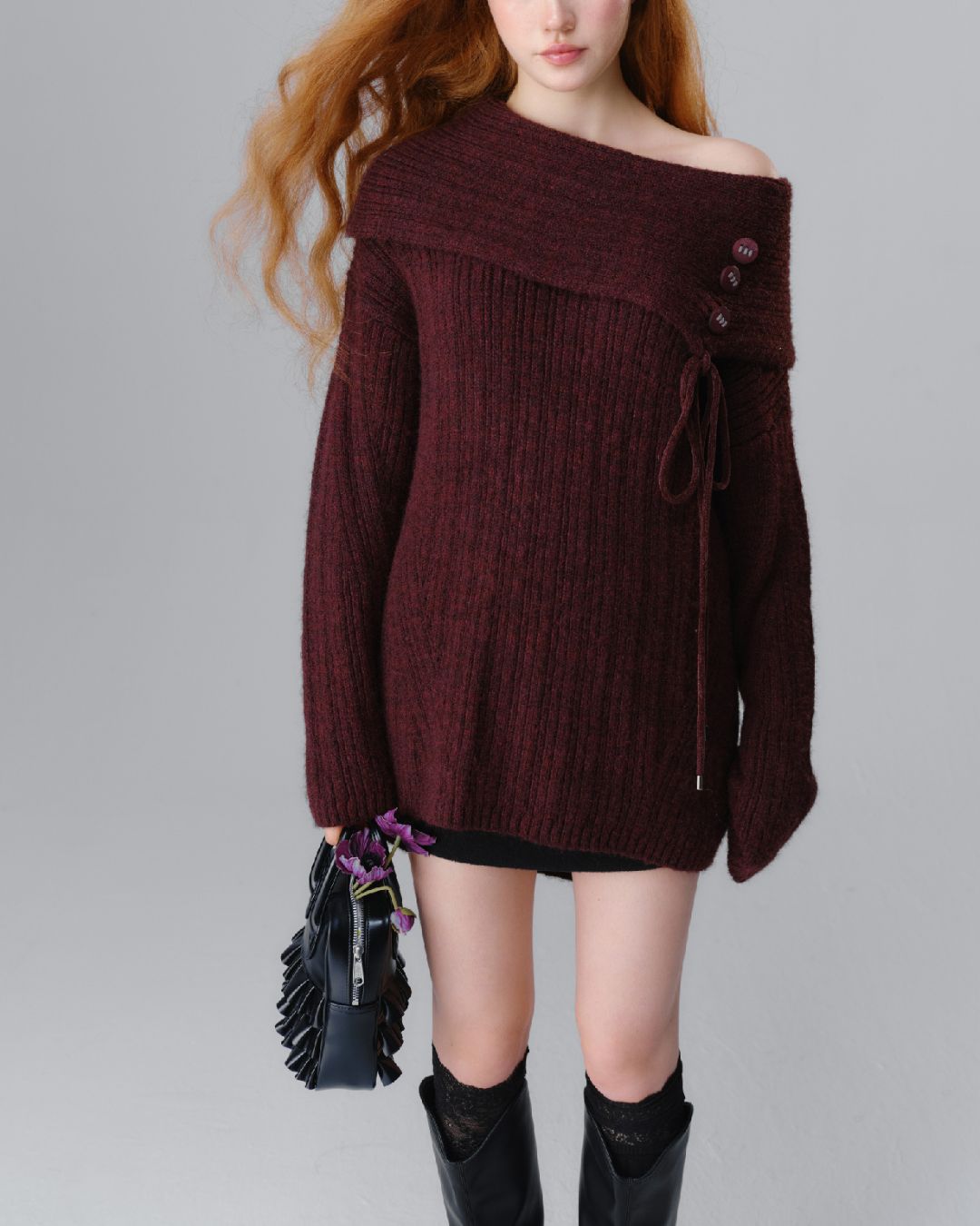 Button Ribbon Off Shoulder Knit　TP022