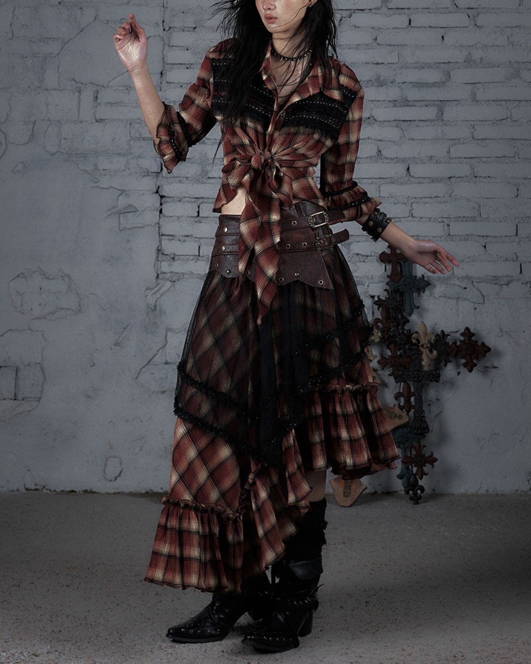 3/4 Sleeve Front Tie Check Shirt　TP043