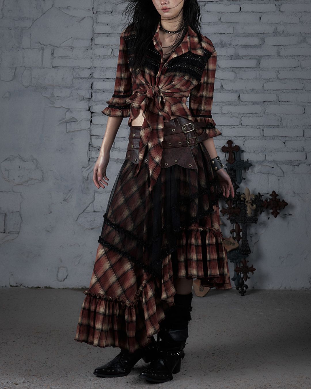 3/4 Sleeve Front Tie Check Shirt　TP043