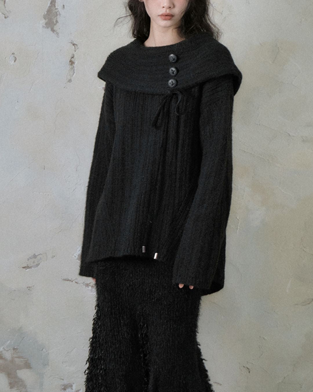 Button Ribbon Off Shoulder Knit　TP022