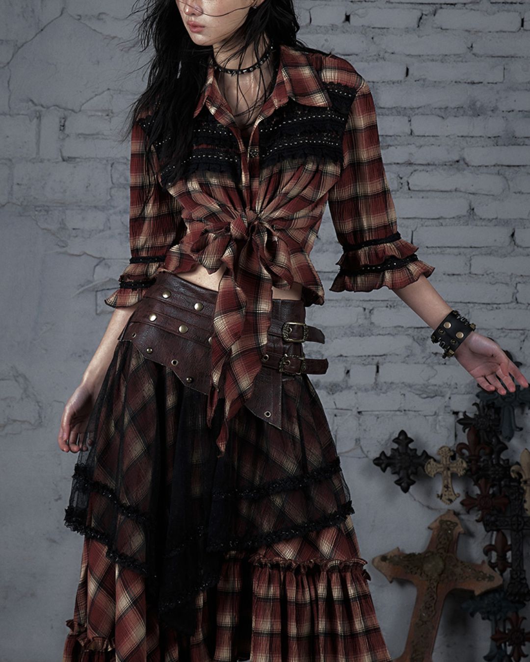 3/4 Sleeve Front Tie Check Shirt　TP043