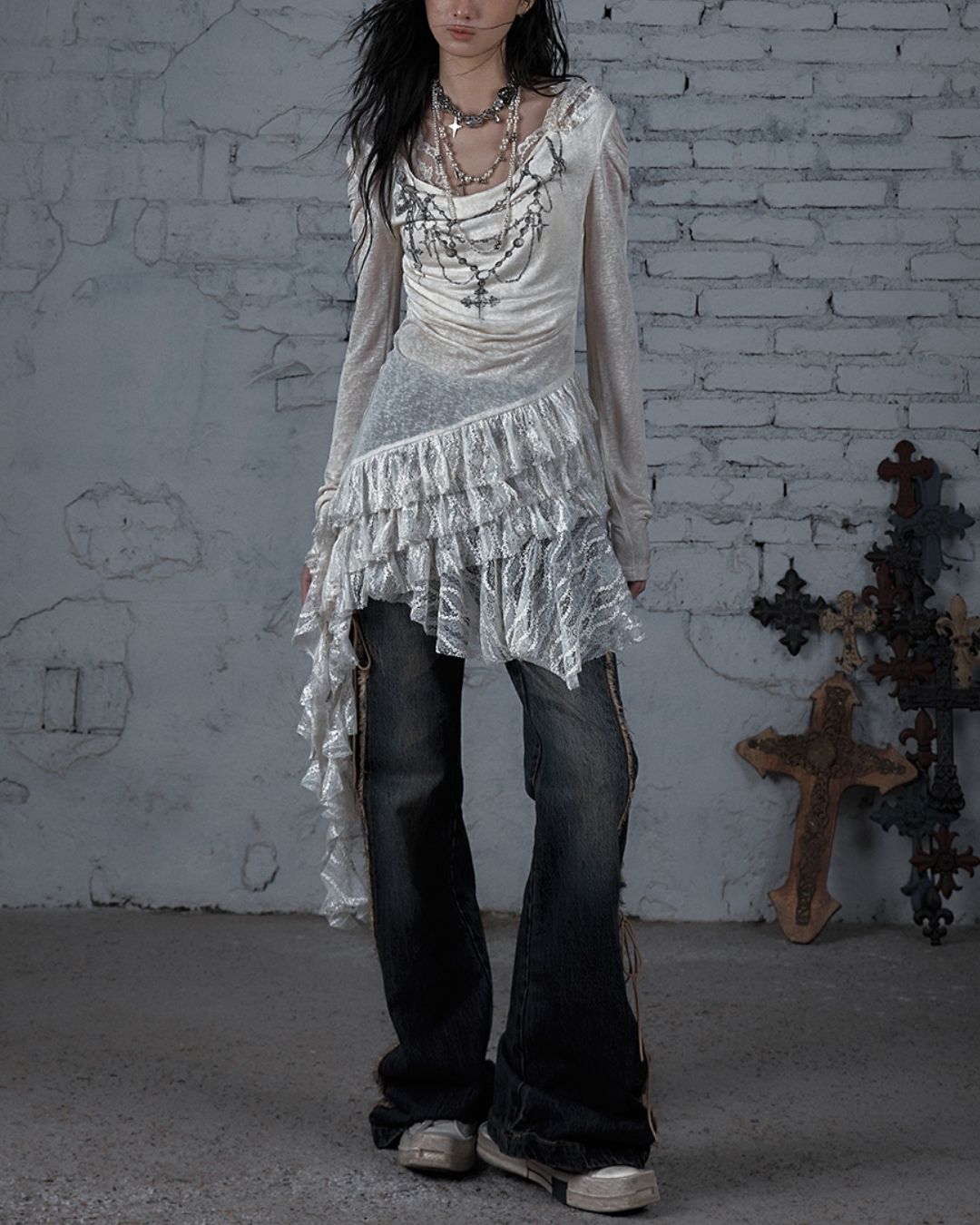 Necklace Print Lace Hooded Dress　DR037