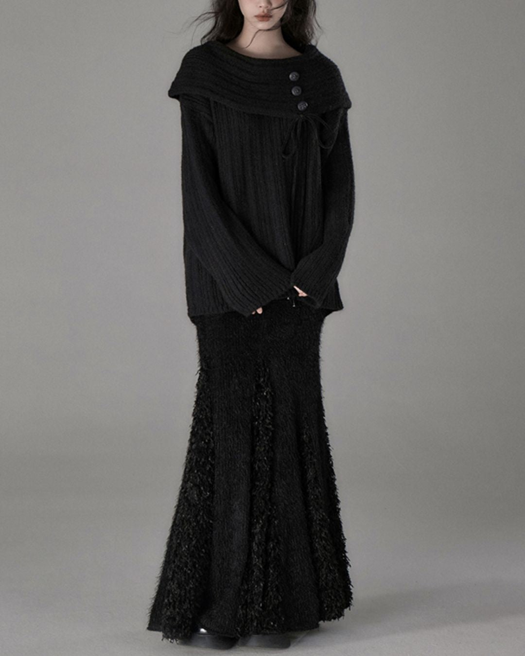 Button Ribbon Off Shoulder Knit　TP022