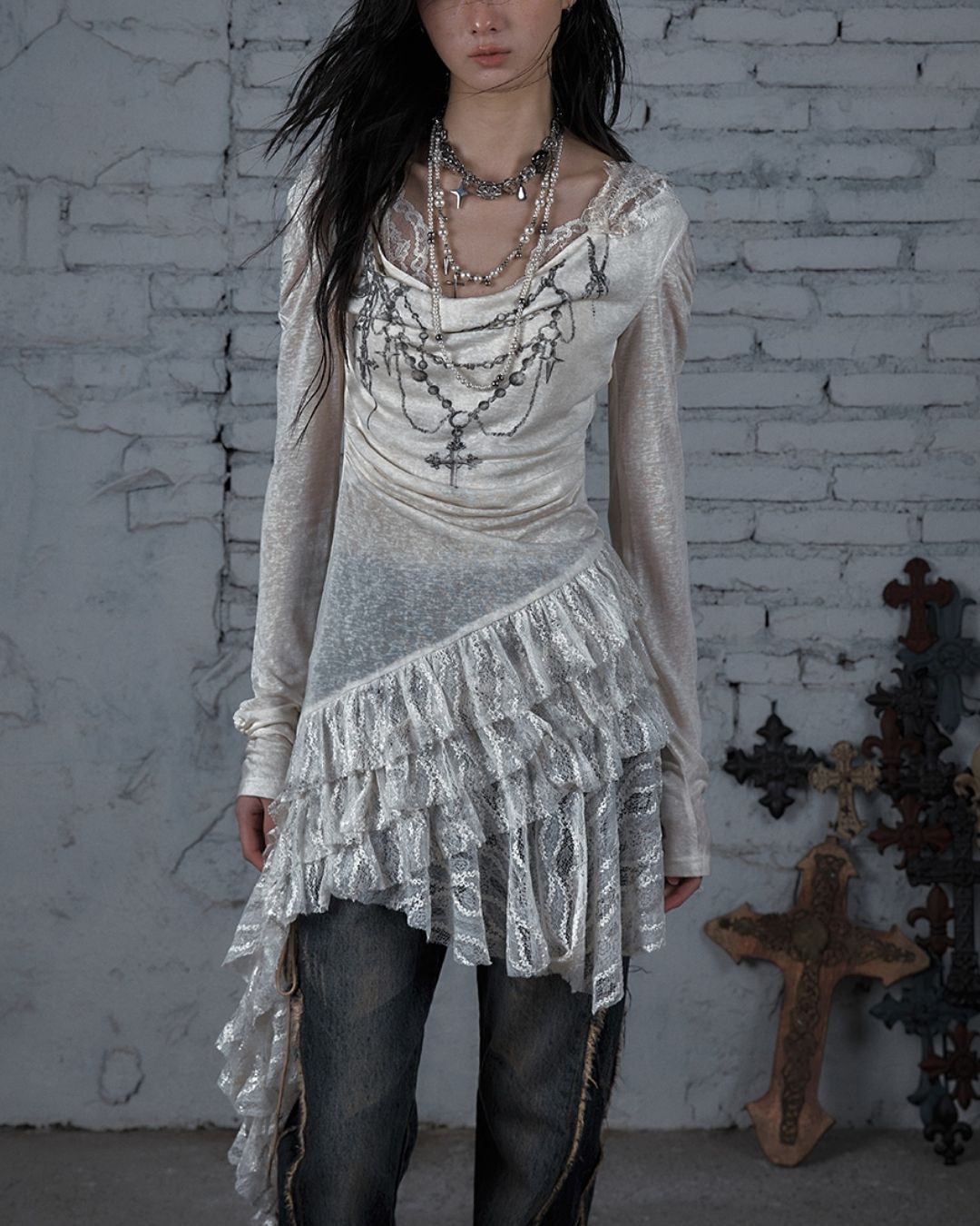 Necklace Print Lace Hooded Dress　DR037