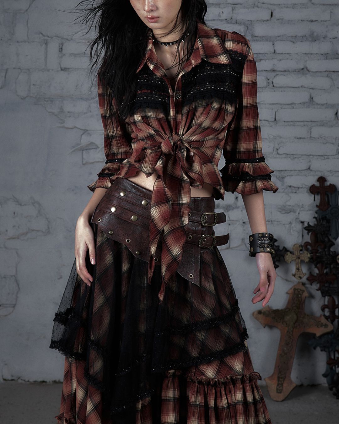 3/4 Sleeve Front Tie Check Shirt　TP043