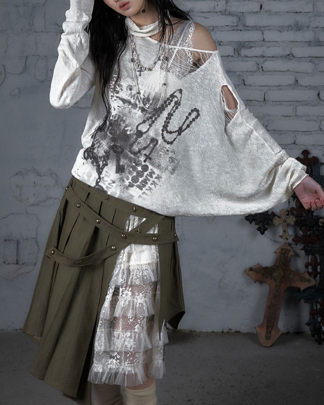 Distressed Open Shoulder Summer Knit　TP042