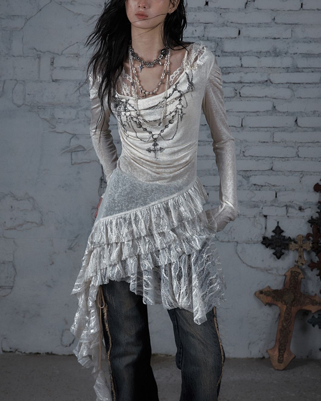 Necklace Print Lace Hooded Dress　DR037