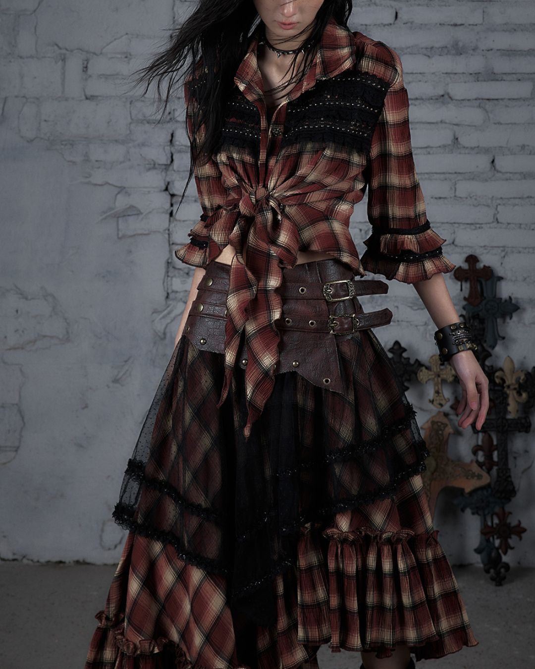 3/4 Sleeve Front Tie Check Shirt　TP043