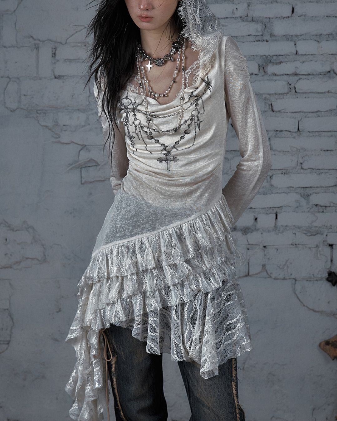 Necklace Print Lace Hooded Dress　DR037