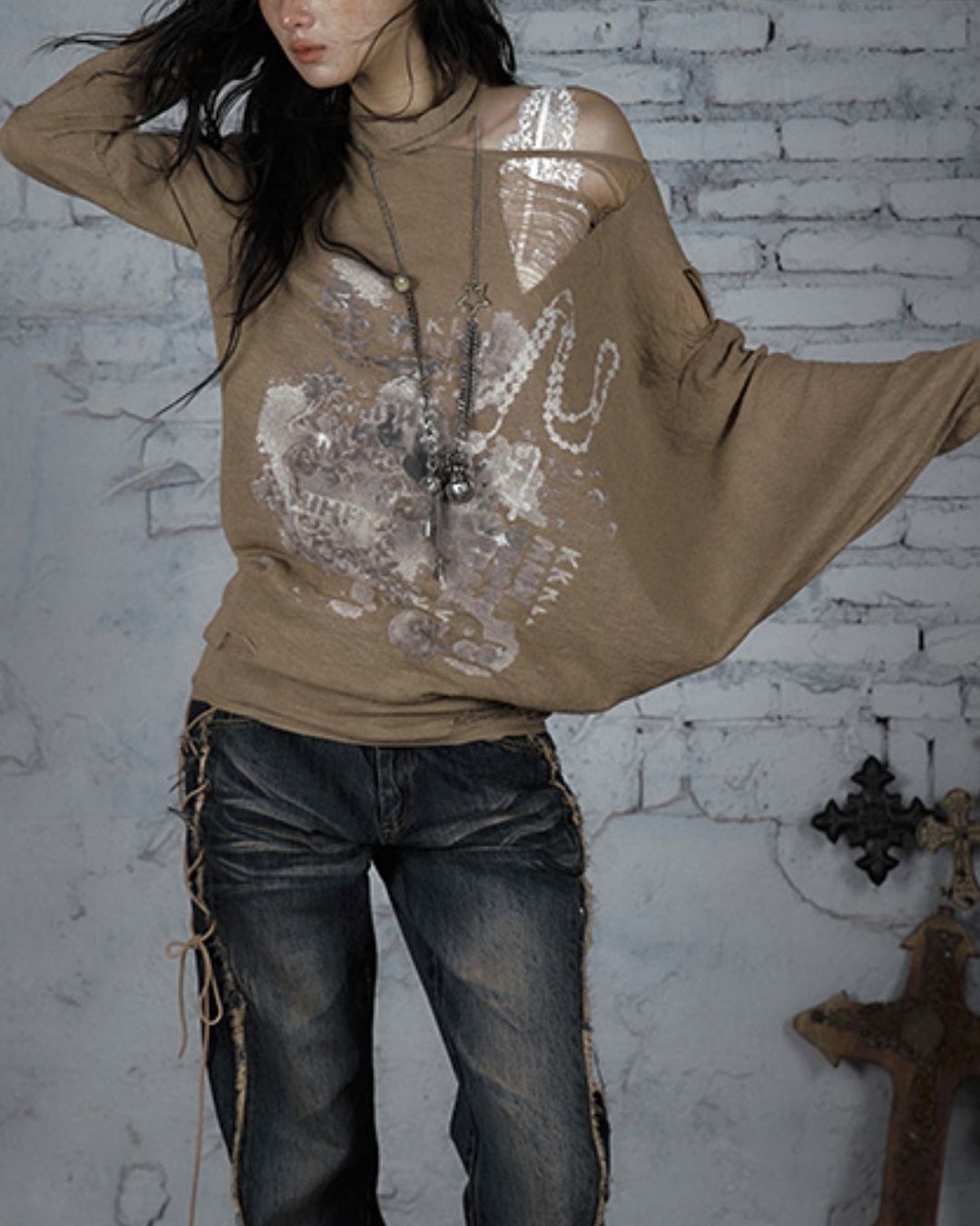 Distressed Open Shoulder Summer Knit　TP042