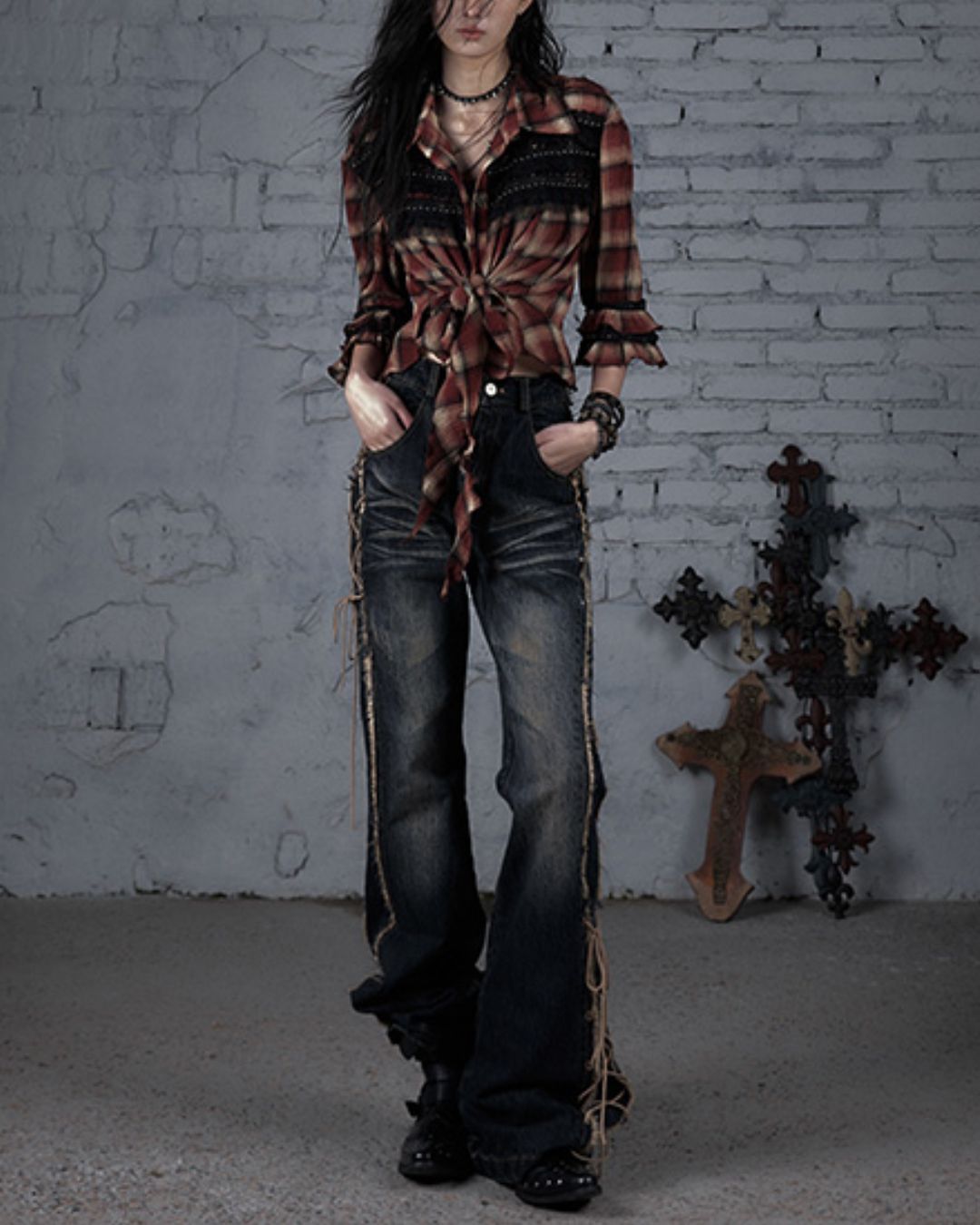 3/4 Sleeve Front Tie Check Shirt　TP043