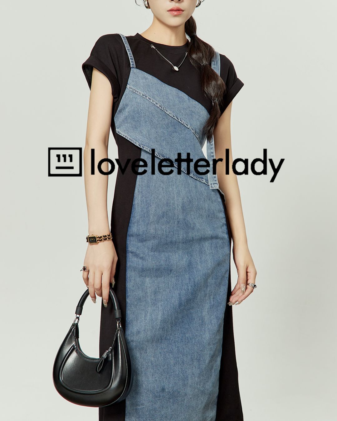 Denim Switching French Sleeve Dress　DR045