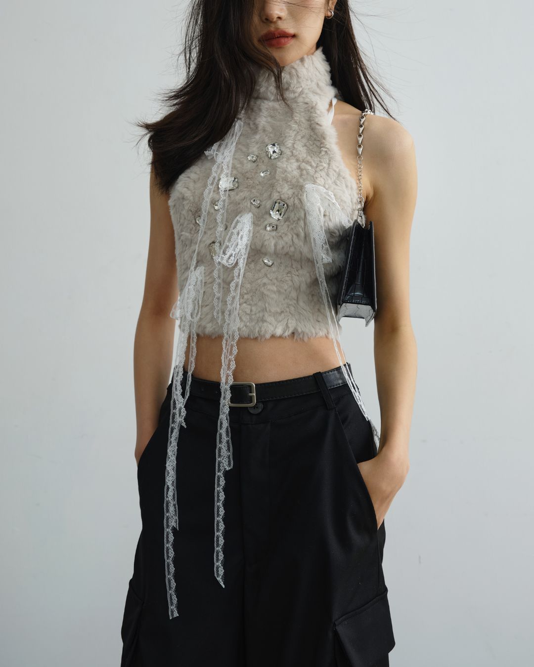 Beaded Sleeveless Fur Top　TP011