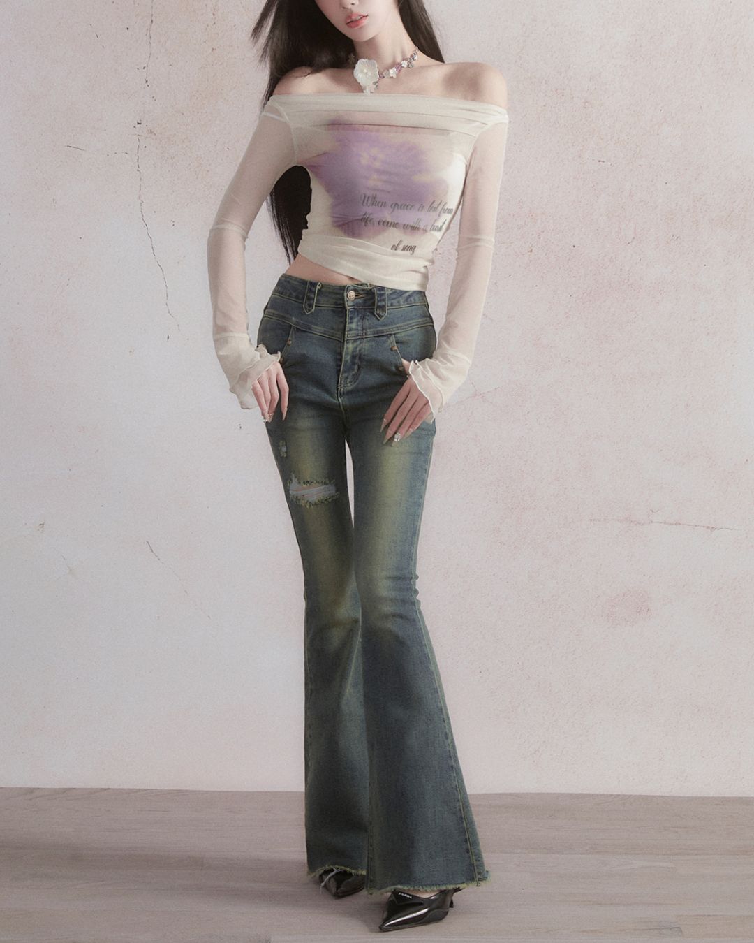 Sheer Flower Off-Shoulder Top　TP026