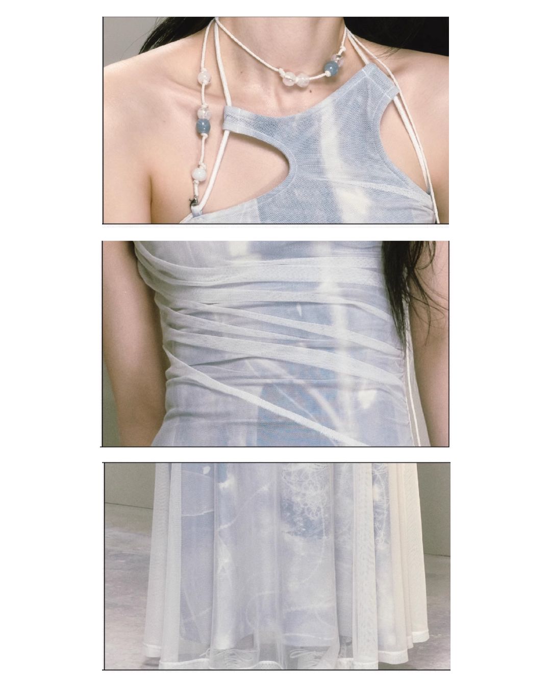 Mesh Print Beaded Halter Neck Long Dress　DR014