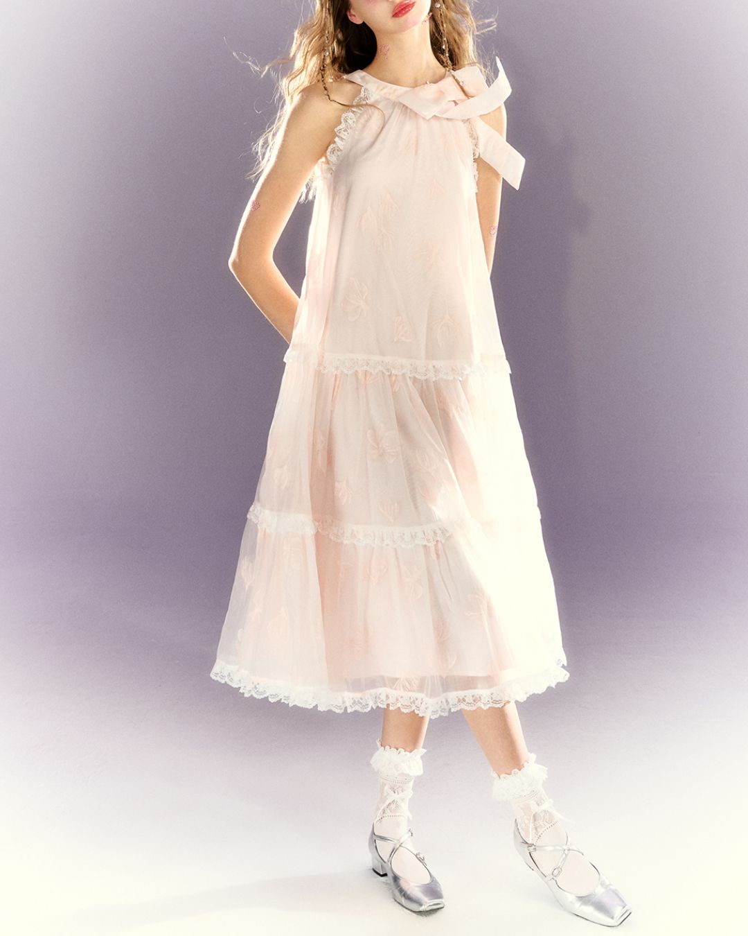 Halter Neck Floral Tiered Lace Long Dress　DR025