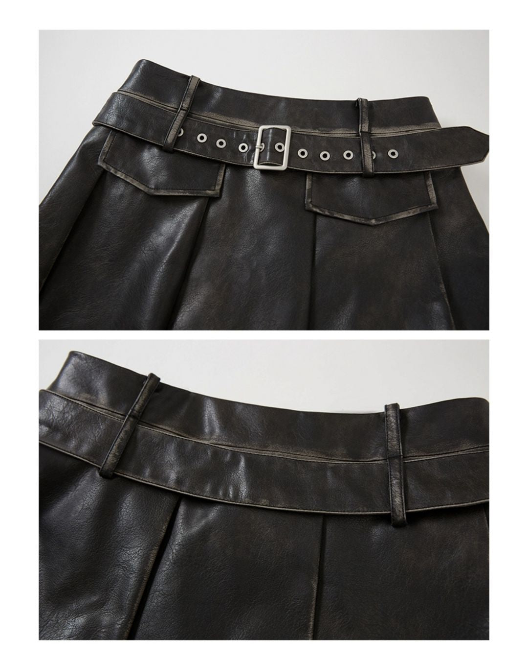 Belted Retro Pleated Leather Skirt　BT001