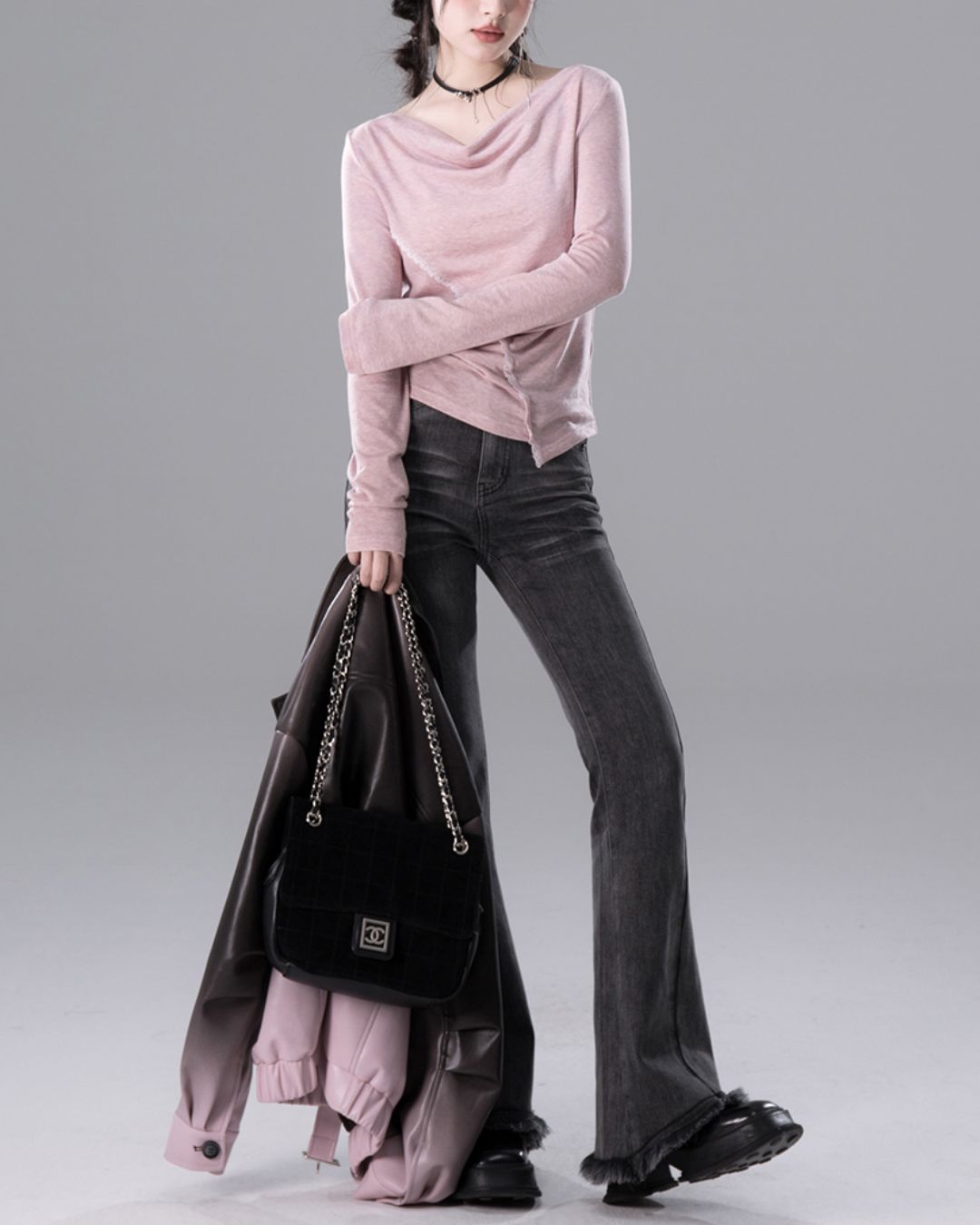 Draped Boat Neck Lace Seam Top　TP046