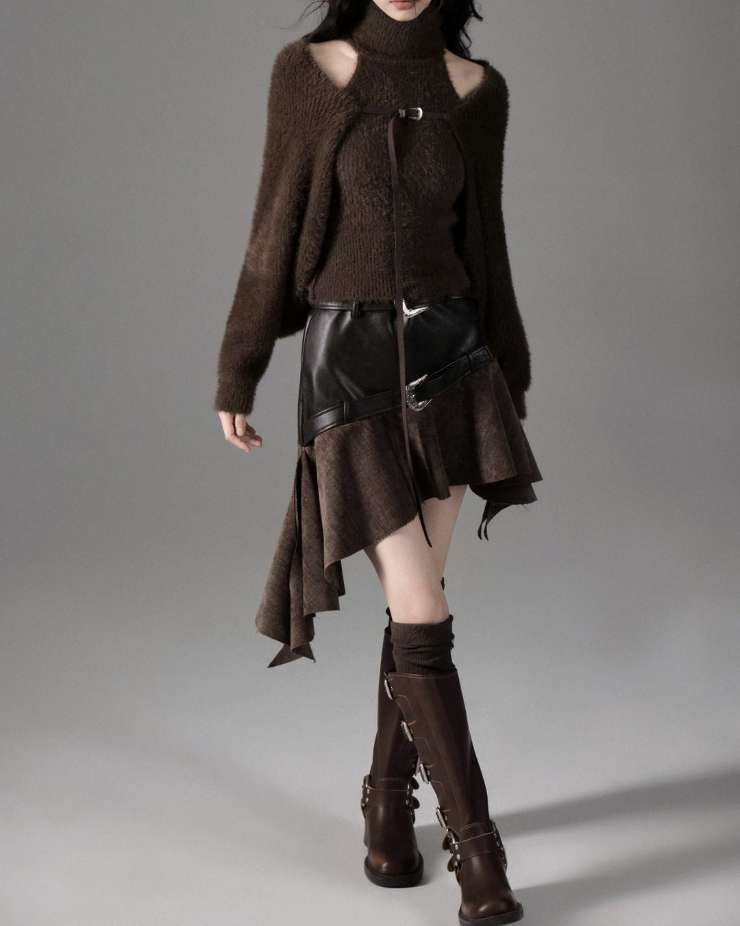 Leather And Suede Metallic Belt Asymmetric Skirt　BT019