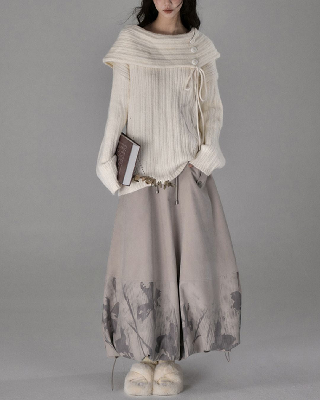 Button Ribbon Off Shoulder Knit　TP022