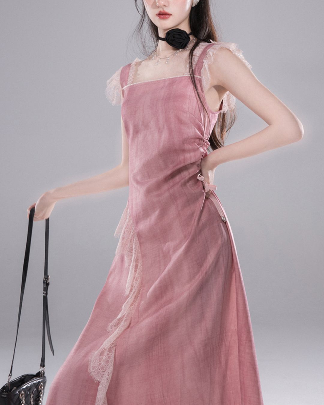 Side Waist Drawstring Lace Embellished Long Dress　DR042