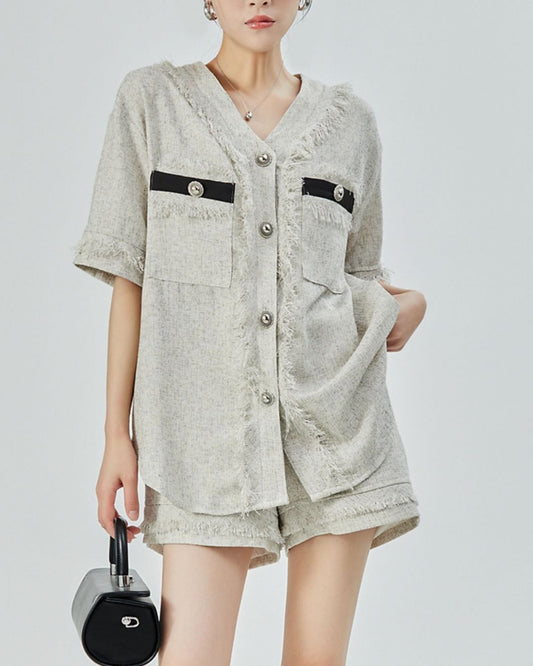 Fringe V-neck Set-up Shirt　TP052