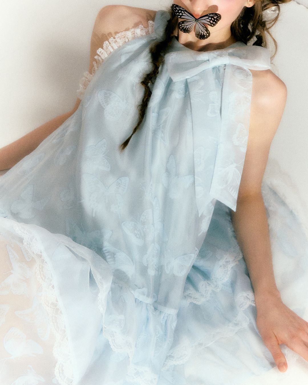 Halter Neck Butterfly Print Organza Lace Mini Dress　DR028