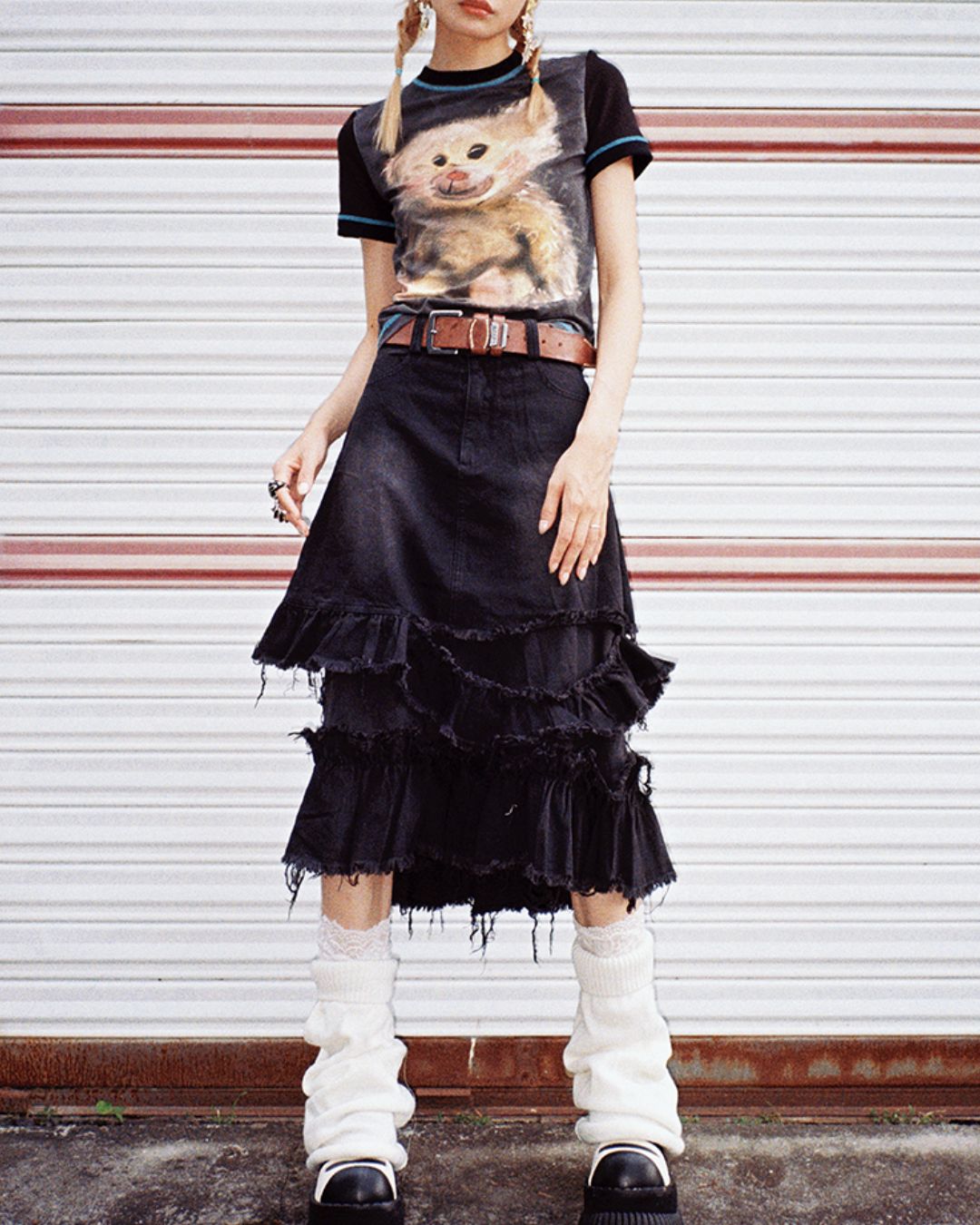 Distressed Denim Frill Midi Skirt　BT021