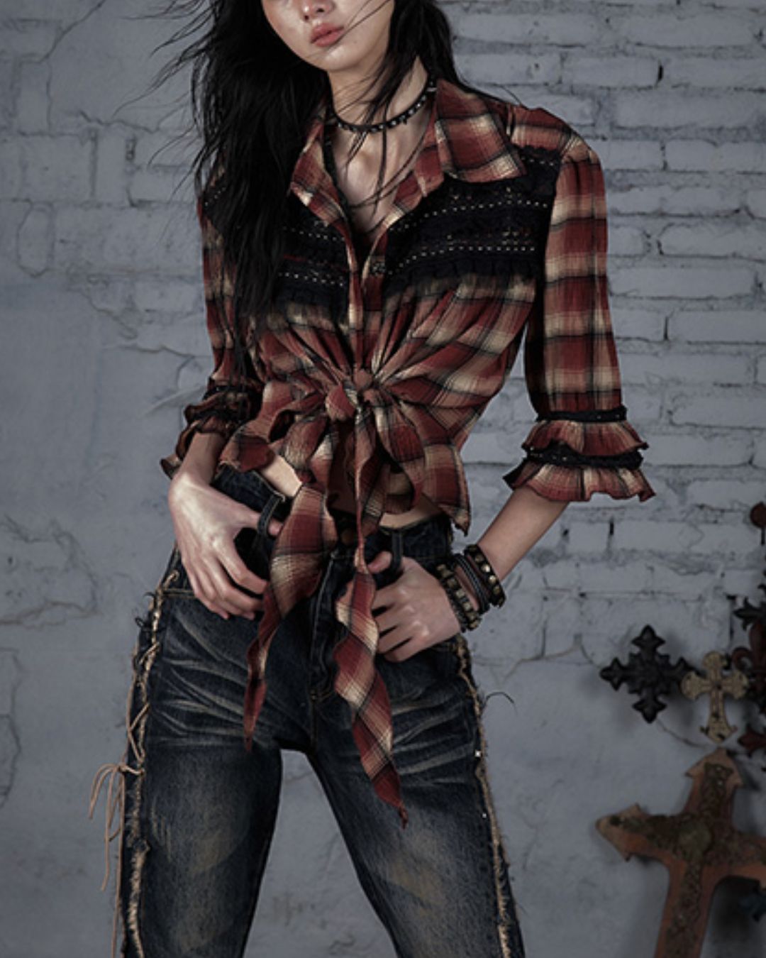 3/4 Sleeve Front Tie Check Shirt　TP043