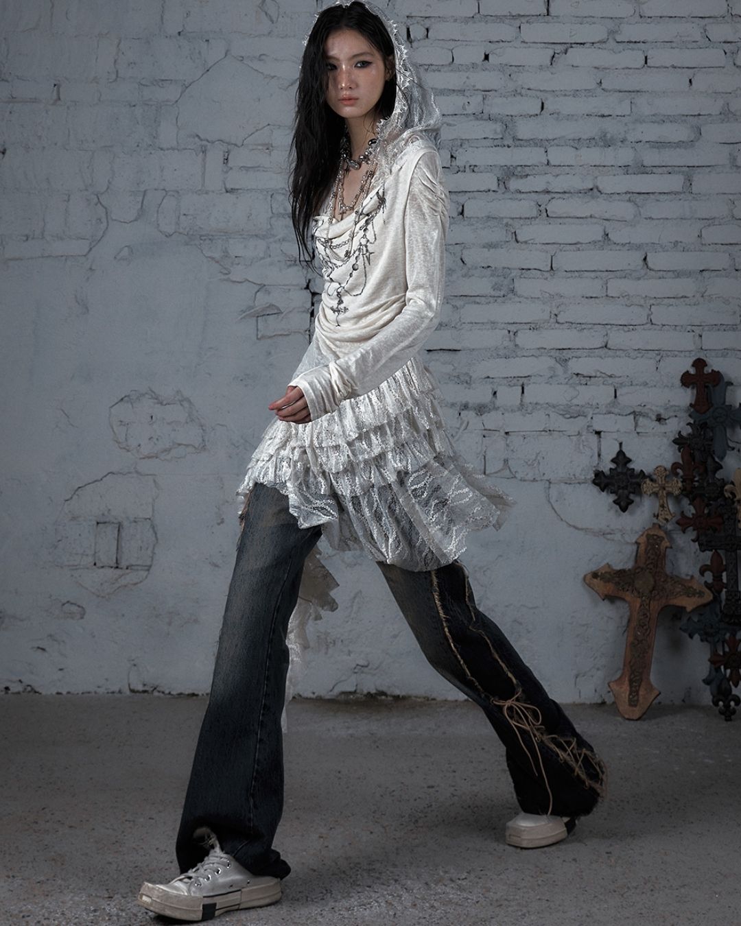 Necklace Print Lace Hooded Dress　DR037