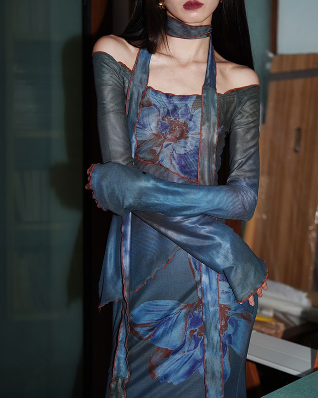 Flower Printed 2-way Long Dress　DR016