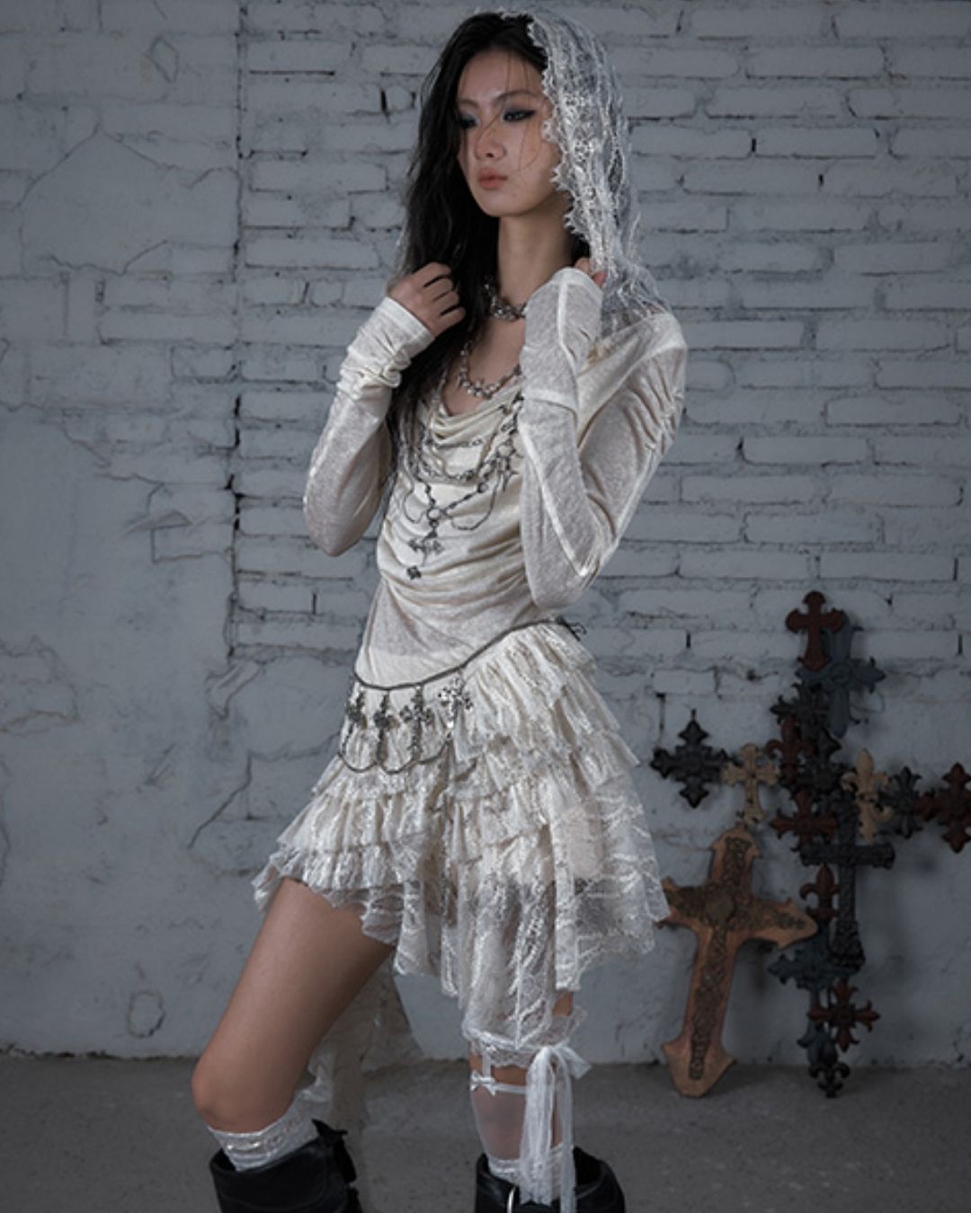 Necklace Print Lace Hooded Dress　DR037