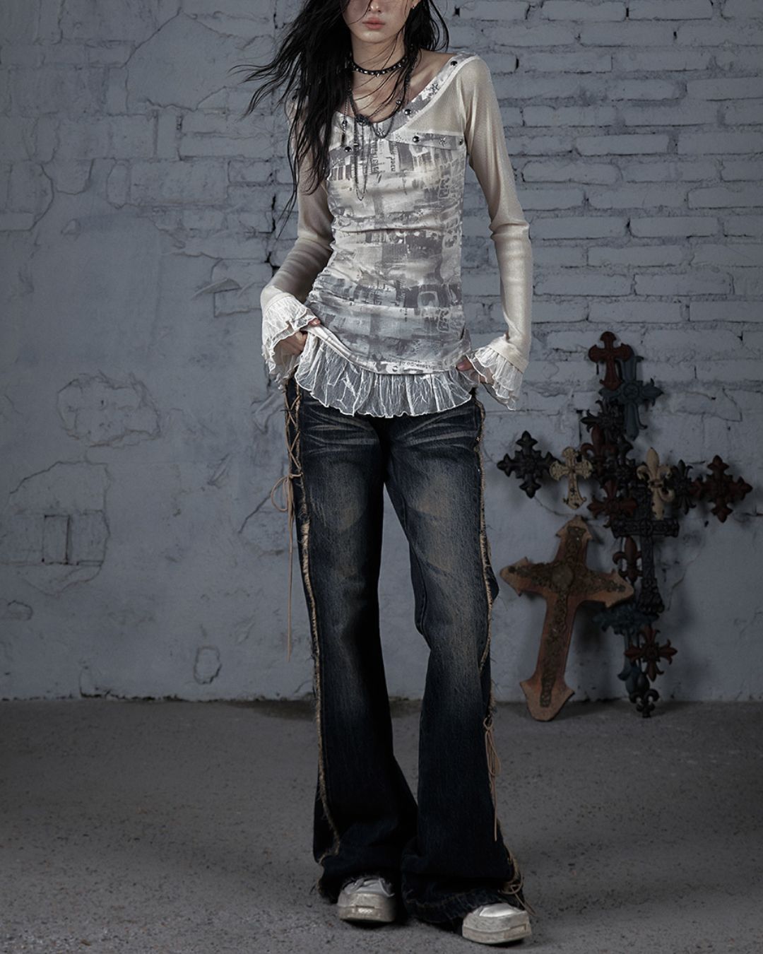 Cross Stitch Sheer Switching Top　TP044