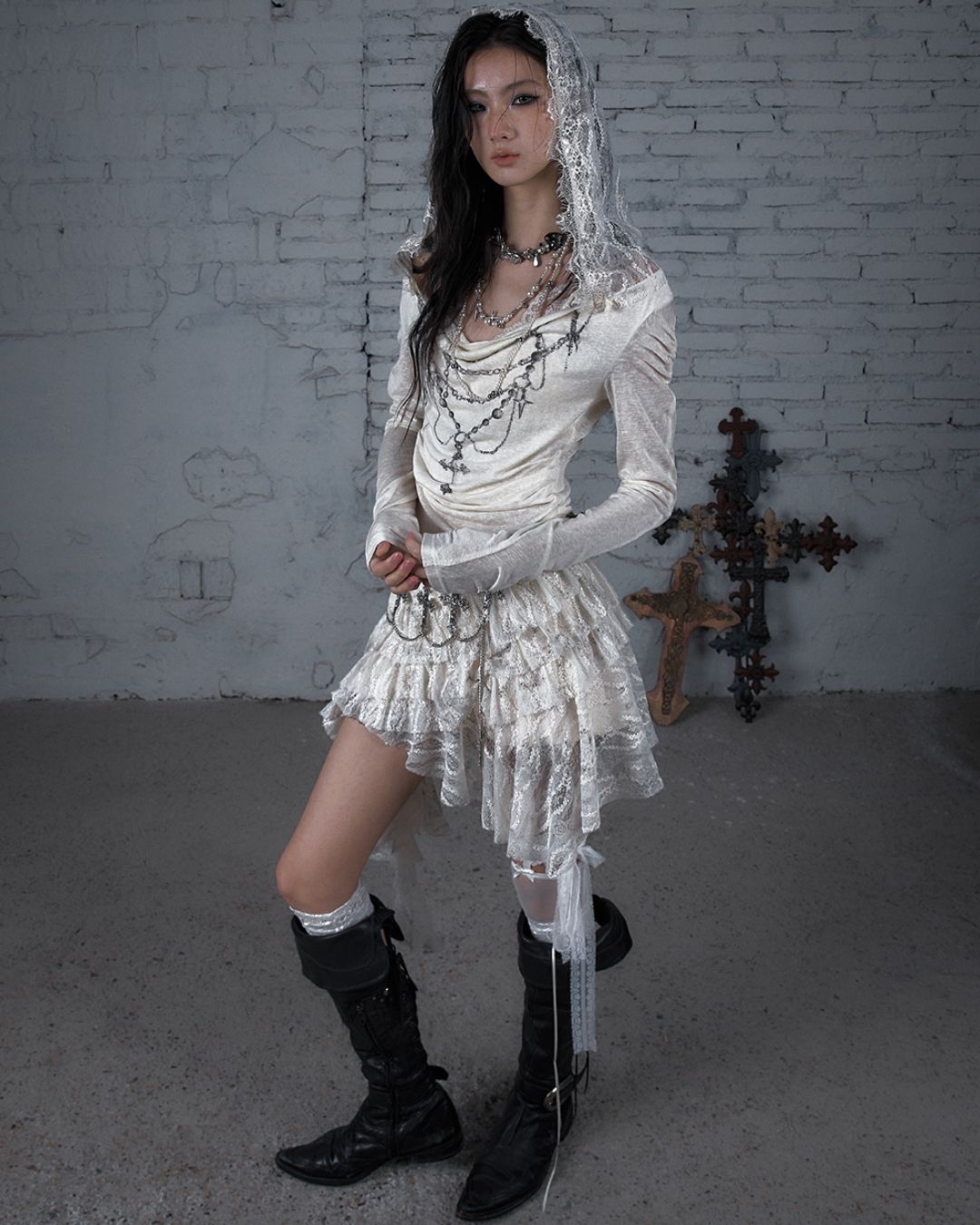 Necklace Print Lace Hooded Dress　DR037