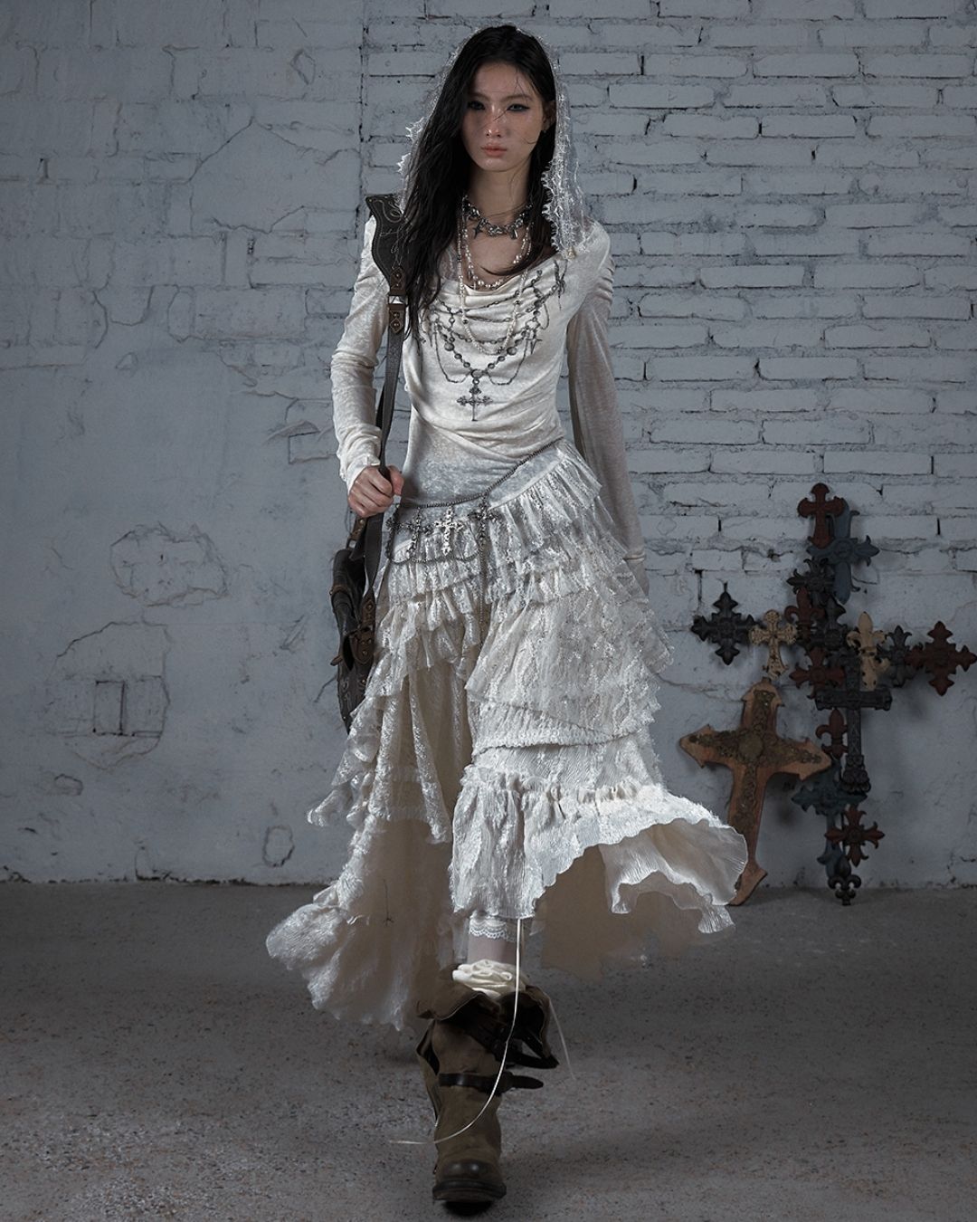 Necklace Print Lace Hooded Dress　DR037