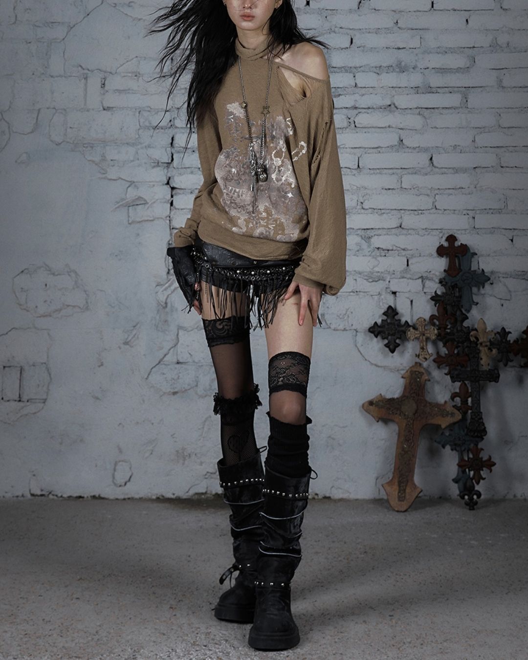 Distressed Open Shoulder Summer Knit　TP042