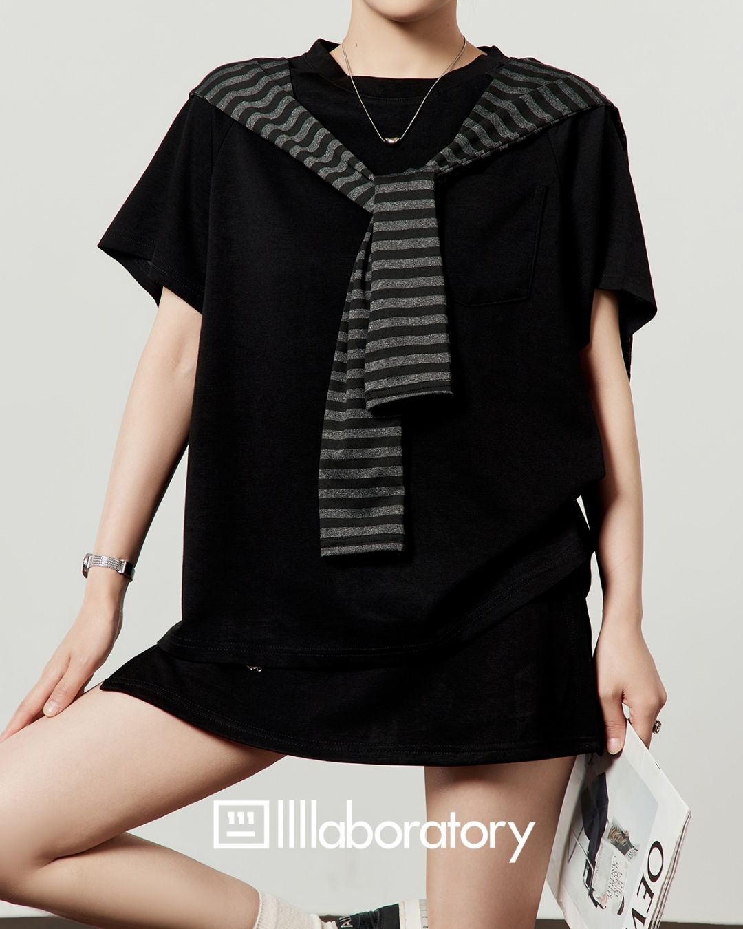 Loose T-shirt & Shorts & Border Shawl Set　TP073