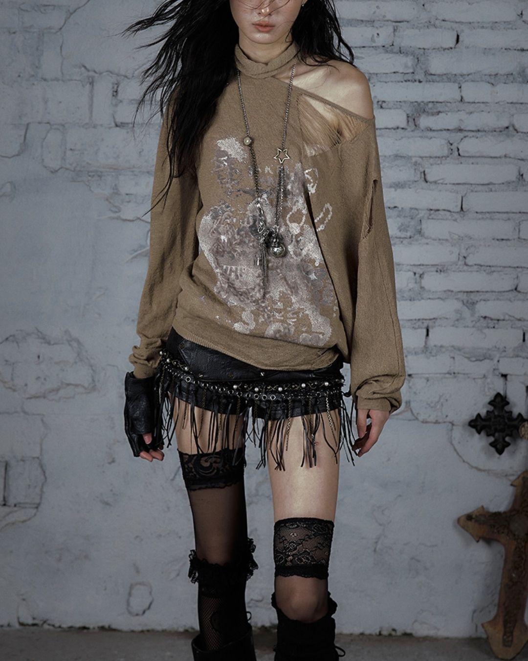 Distressed Open Shoulder Summer Knit　TP042