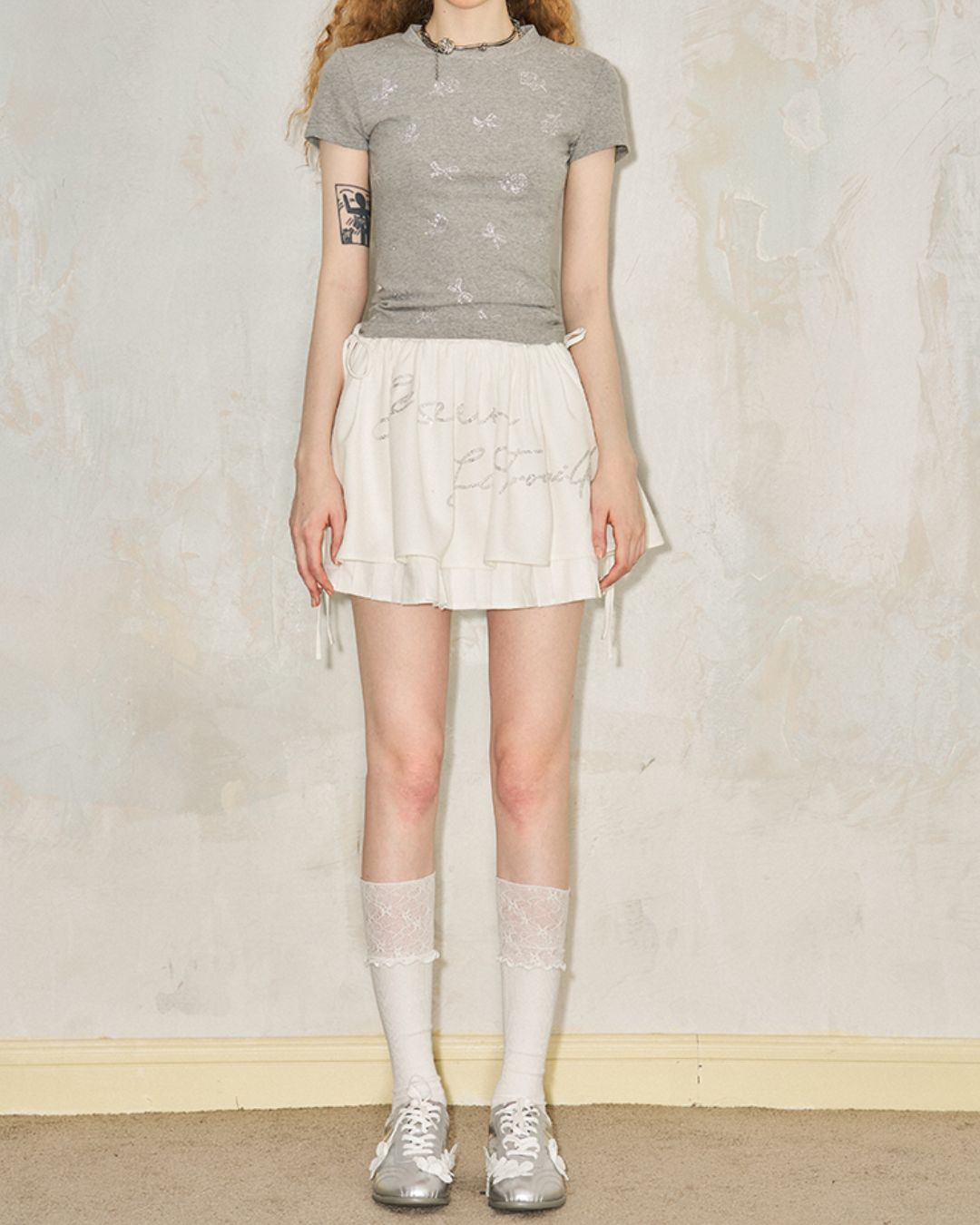 Rhinestone Logo Pleated Mini Skirt　BT026