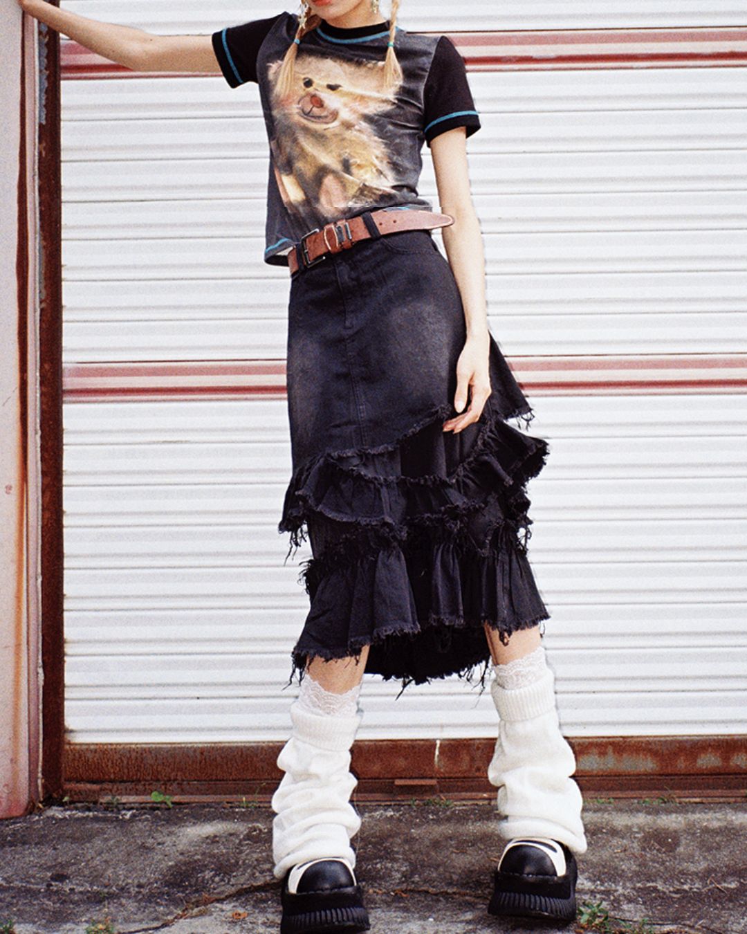 Distressed Denim Frill Midi Skirt　BT021