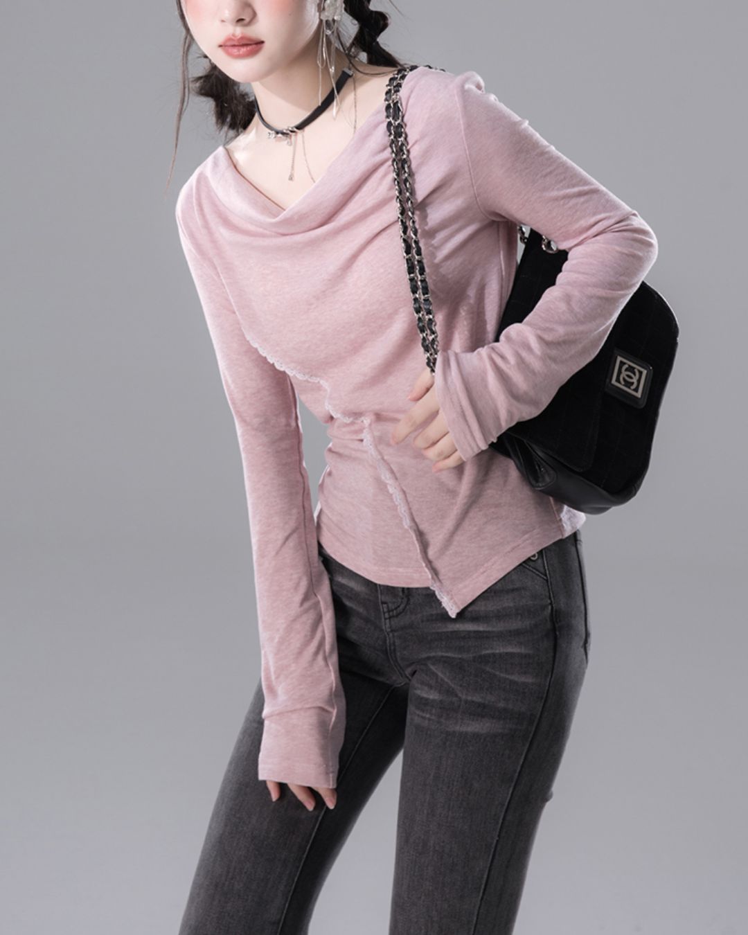 Draped Boat Neck Lace Seam Top　TP046