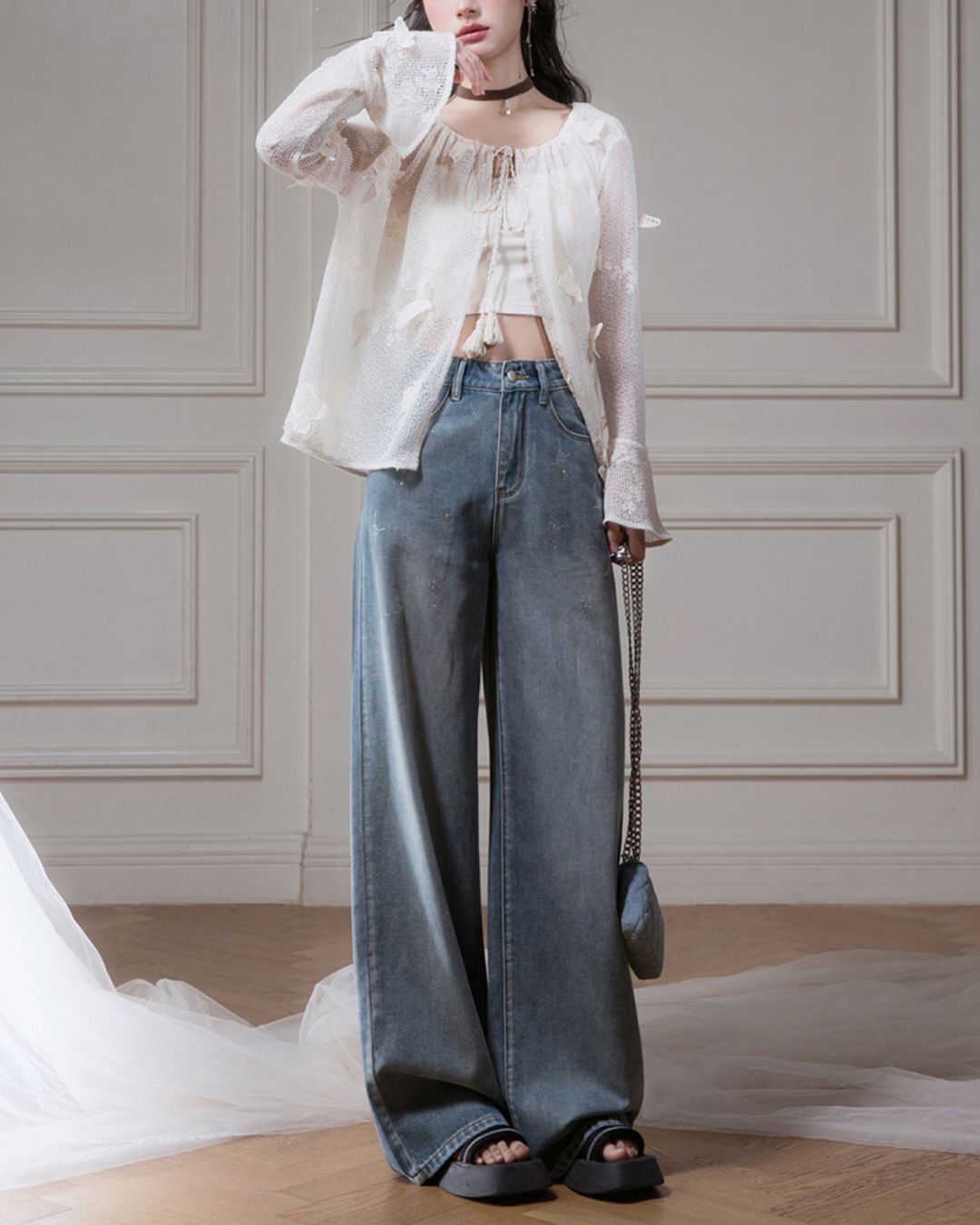 Rhinestone Decorated Wide Denim Pants　BT031