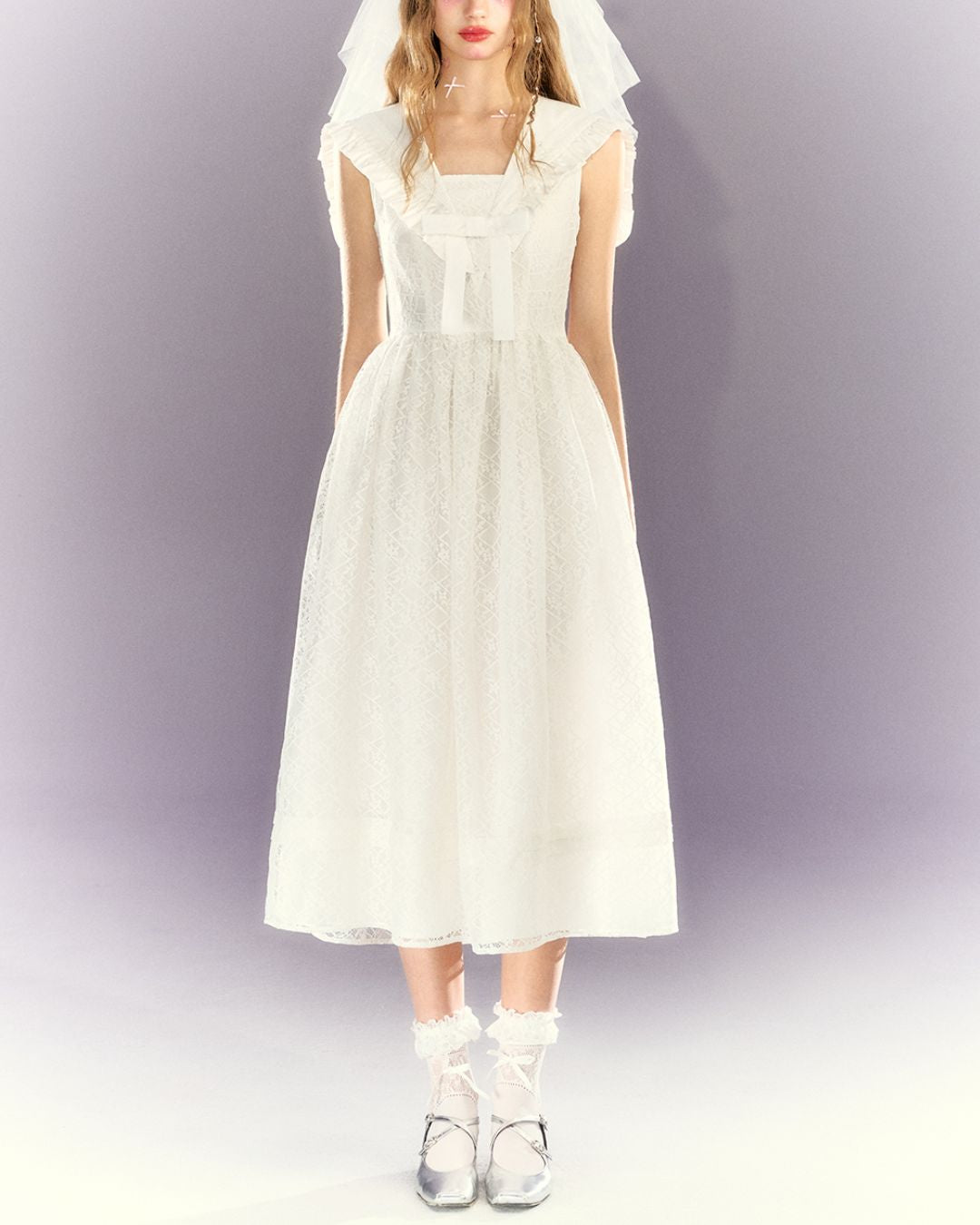 White Lace Sailor Collar Dress　DR023