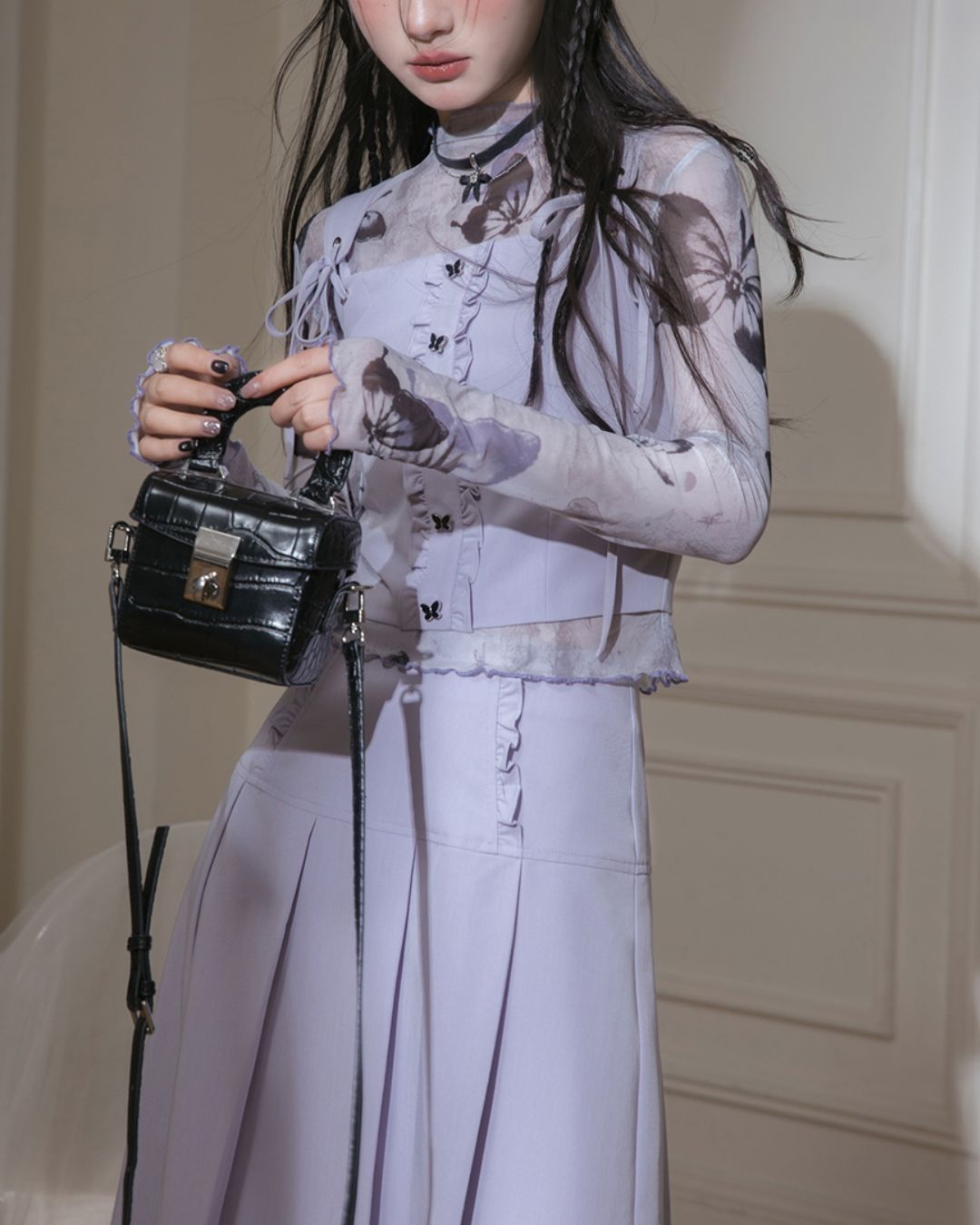 Butterfly Sheer Top & Vest & Pleated Skirt　TP024