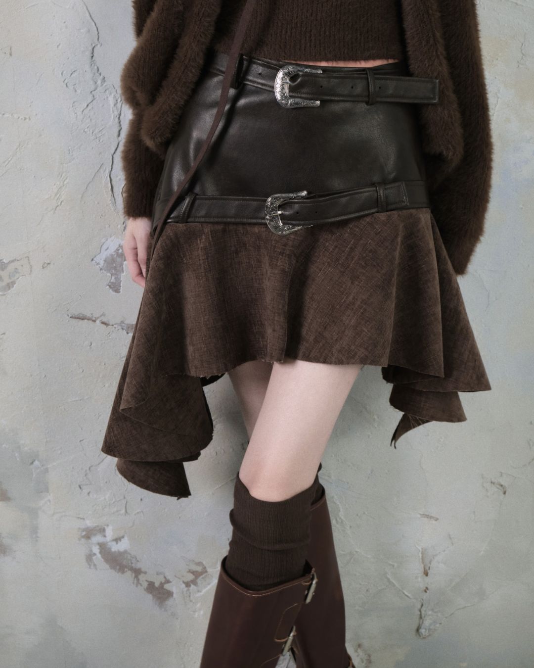 Leather And Suede Metallic Belt Asymmetric Skirt　BT019