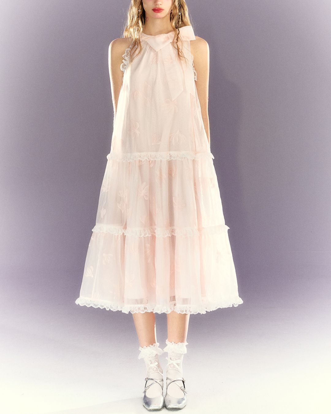 Halter Neck Floral Tiered Lace Long Dress　DR025