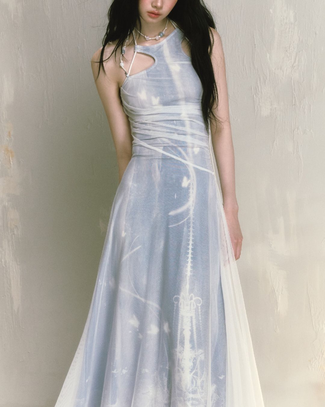 Mesh Print Beaded Halter Neck Long Dress　DR014