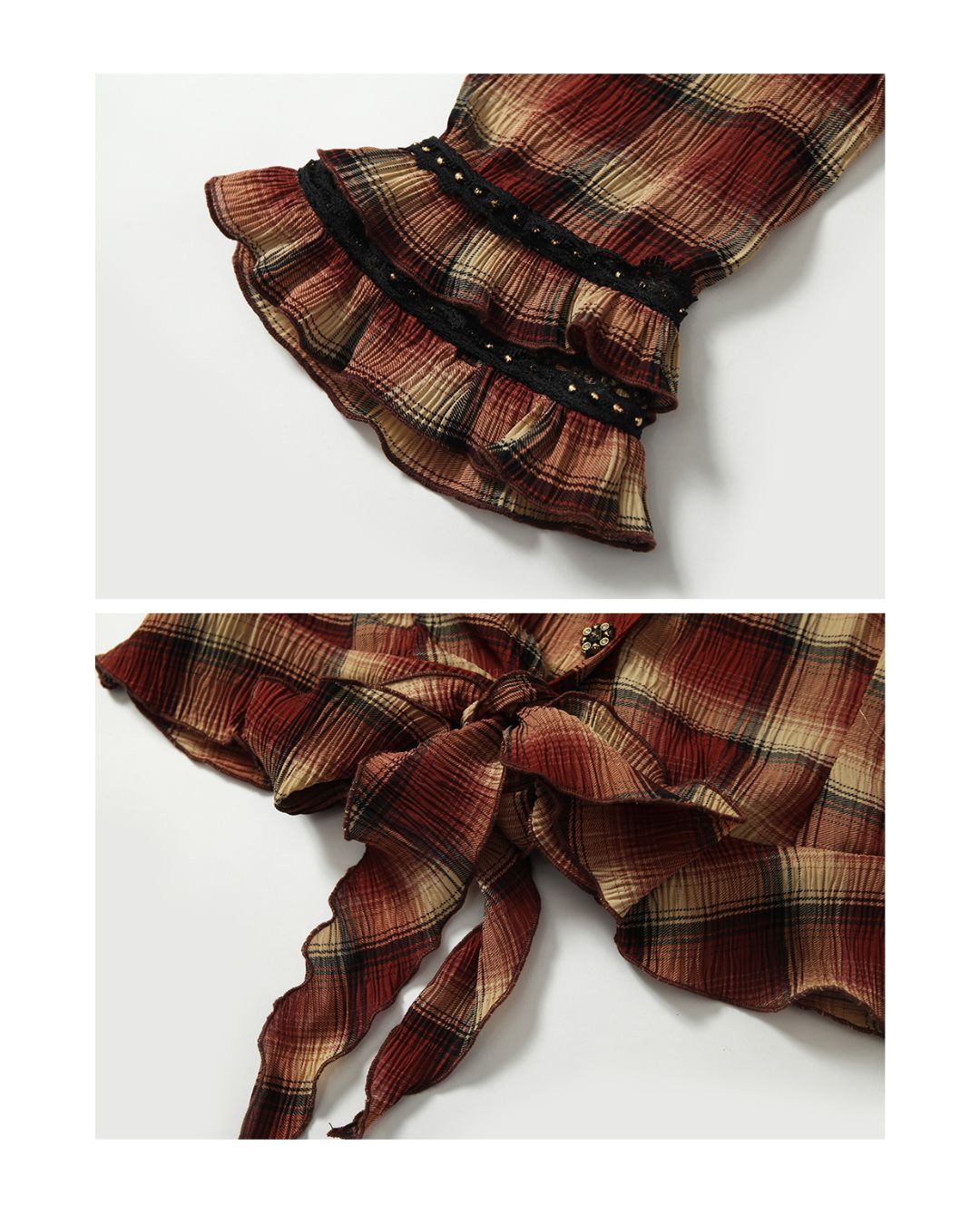 3/4 Sleeve Front Tie Check Shirt　TP043